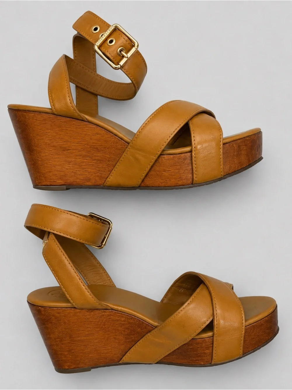 Tory Burch Almita Wood Platform Wedge Sandals Tan Leather Crisscross Sz 9 Resort